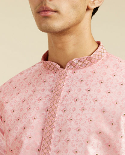 Diwas Men Bubblegum Pink Kurta Pajama with Shankh Motifs and Rhinestones