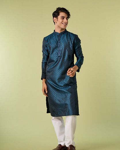 Diwas Men Teal Blue Satin Elegance Kurta Pajama