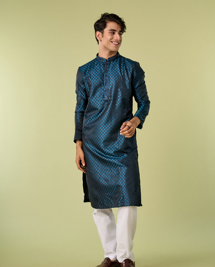 Diwas Men Teal Blue Satin Elegance Kurta Pajama