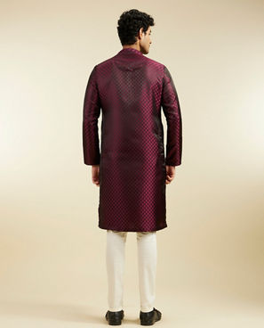 Diwas Men Wine Red Buta Jaal Patterned Kurta Pajama with Embroidered Neckline