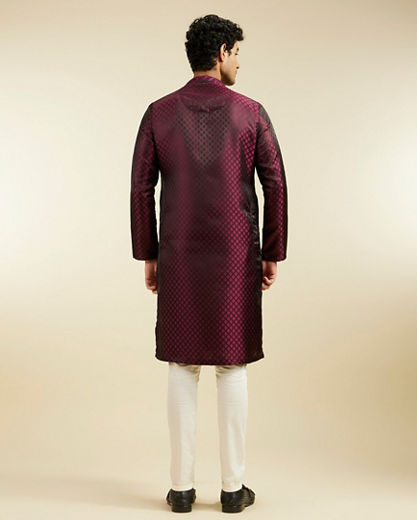 Diwas Men Wine Red Buta Jaal Patterned Kurta Pajama with Embroidered Neckline