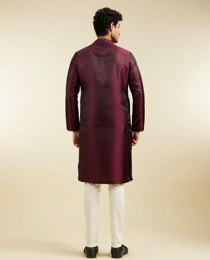 Diwas Men Wine Red Buta Jaal Patterned Kurta Pajama with Embroidered Neckline