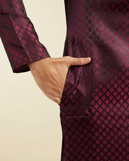 Diwas Men Wine Red Buta Jaal Patterned Kurta Pajama with Embroidered Neckline