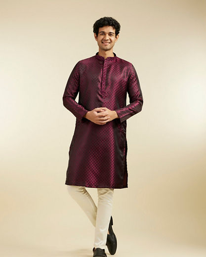 Diwas Men Wine Red Buta Jaal Patterned Kurta Pajama with Embroidered Neckline
