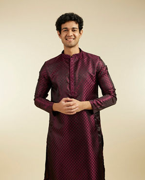 Diwas Men Wine Red Buta Jaal Patterned Kurta Pajama with Embroidered Neckline