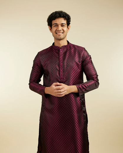 Diwas Men Wine Red Buta Jaal Patterned Kurta Pajama with Embroidered Neckline