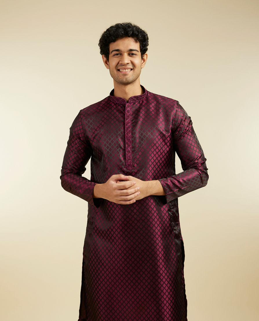 Diwas Men Wine Red Buta Jaal Patterned Kurta Pajama with Embroidered Neckline