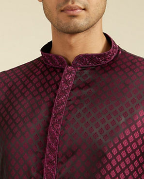Diwas Men Wine Red Buta Jaal Patterned Kurta Pajama with Embroidered Neckline