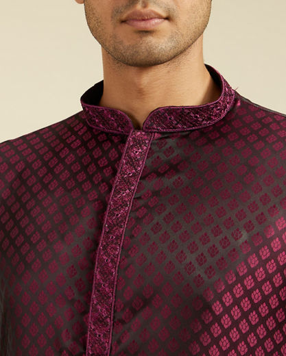 Diwas Men Wine Red Buta Jaal Patterned Kurta Pajama with Embroidered Neckline