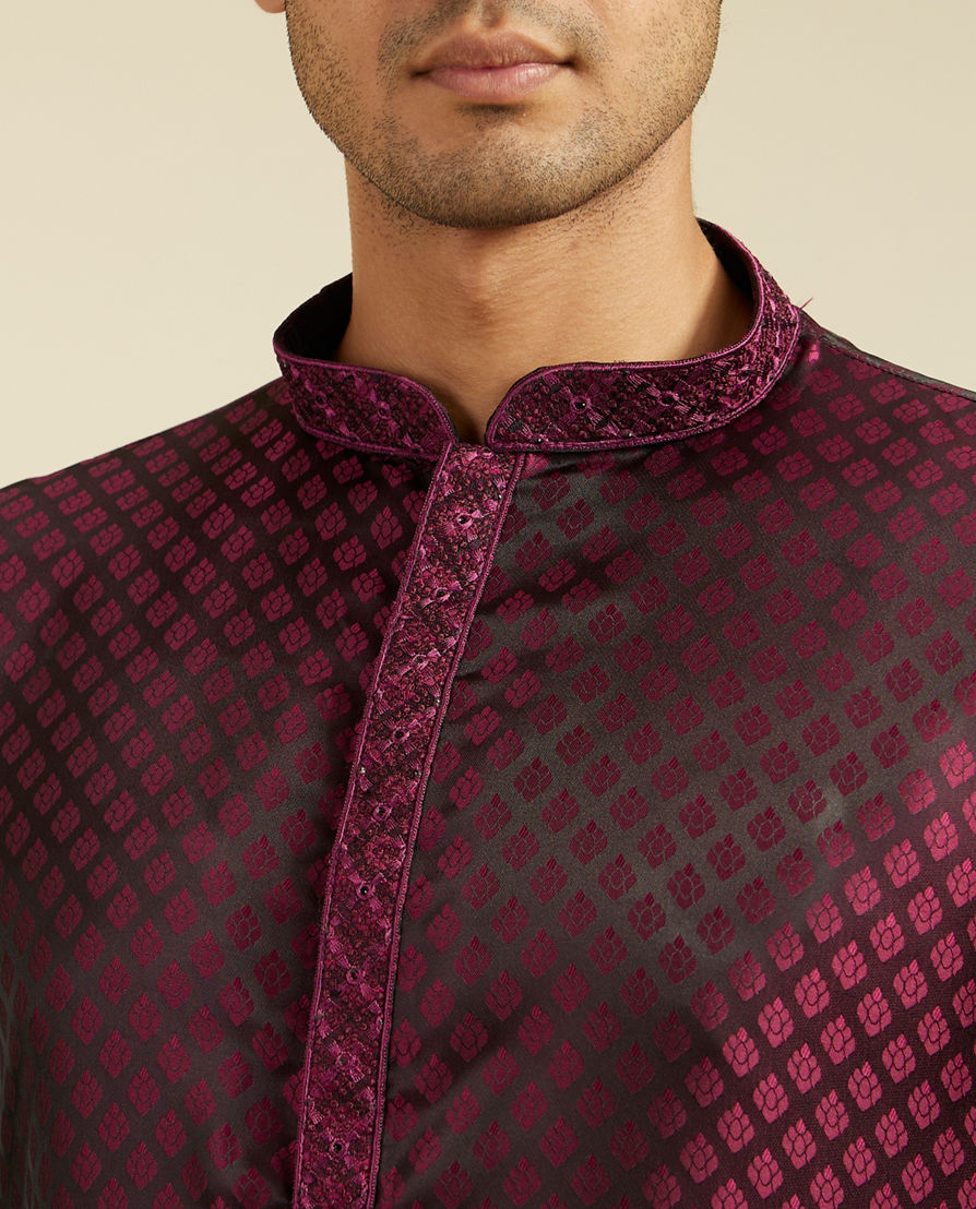 Diwas Men Wine Red Buta Jaal Patterned Kurta Pajama with Embroidered Neckline
