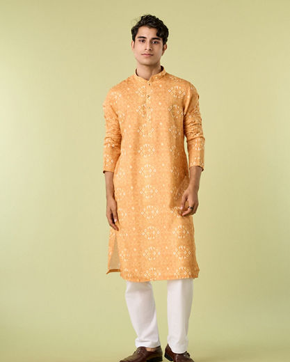 Diwas Men Mustard Yellow Knot Delight Kurta Pajama