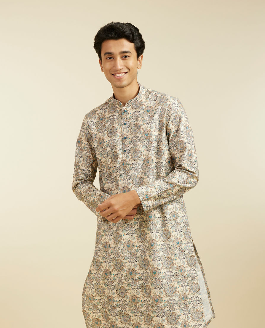 Diwas Men Soft Beige Floral Jaal Printed Kurta Pajama
