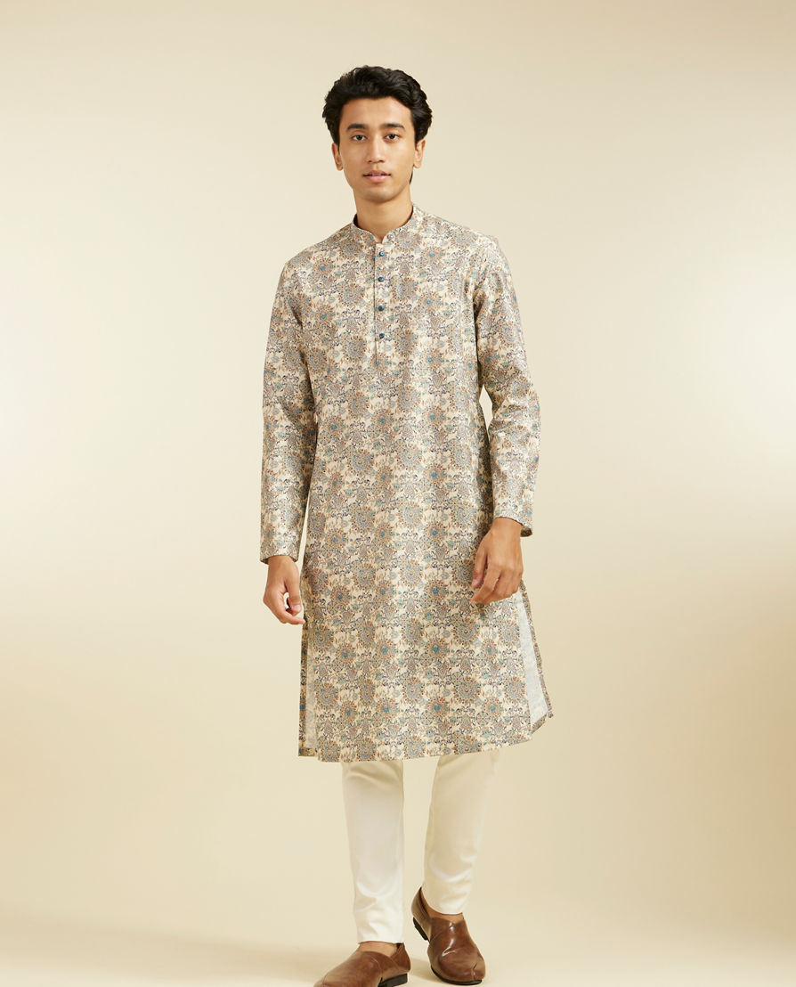 Diwas Men Soft Beige Floral Jaal Printed Kurta Pajama