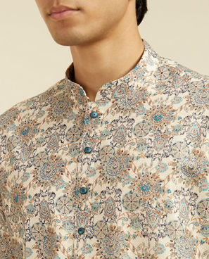 Diwas Men Soft Beige Floral Jaal Printed Kurta Pajama