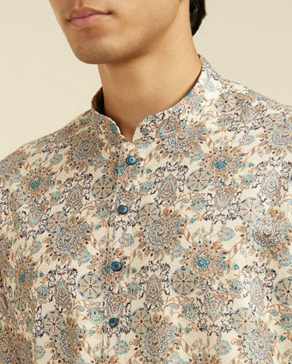 Diwas Men Soft Beige Floral Jaal Printed Kurta Pajama