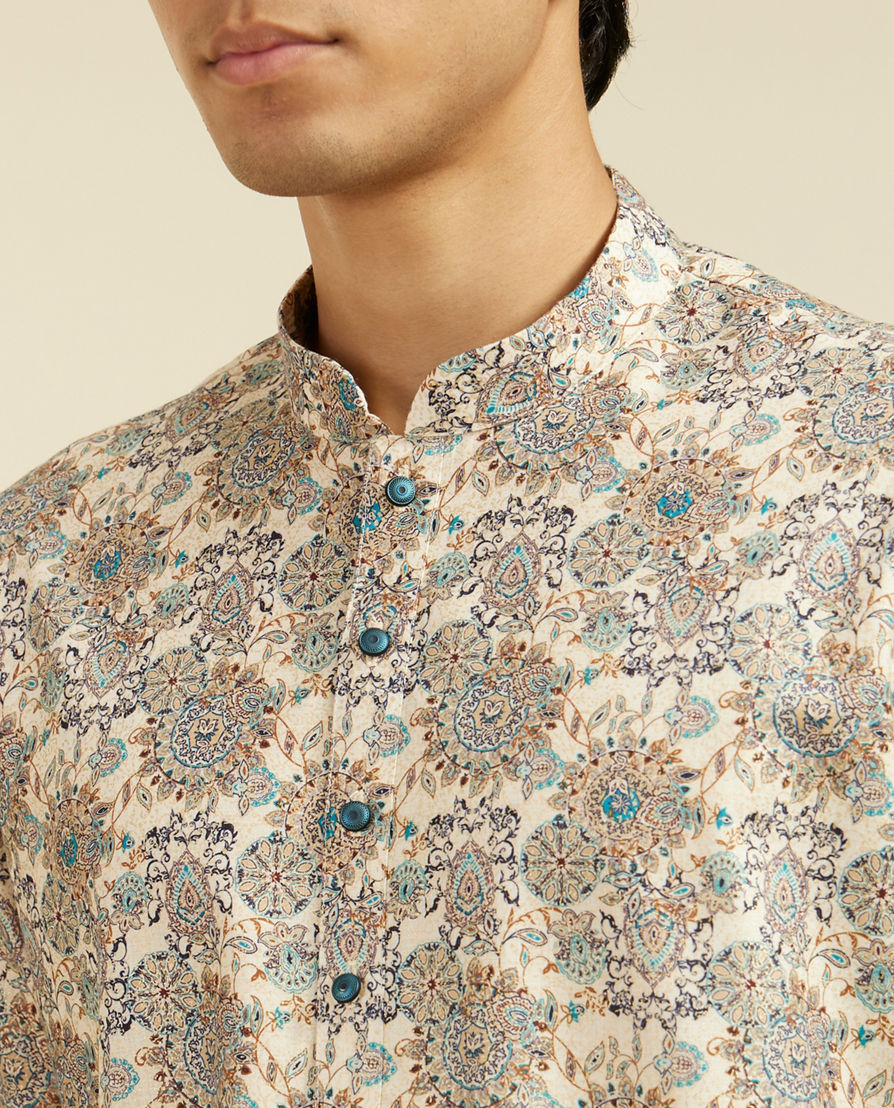 Diwas Men Soft Beige Floral Jaal Printed Kurta Pajama