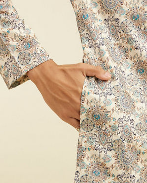 Diwas Men Soft Beige Floral Jaal Printed Kurta Pajama