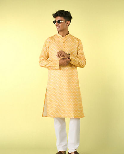 Diwas Men Sunshine Yellow Blended Cotton Kurta Pajama