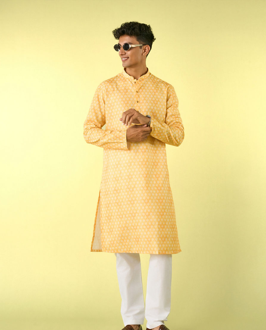 Diwas Men Sunshine Yellow Blended Cotton Kurta Pajama