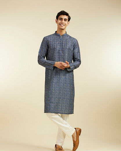 Diwas Men Oxford Blue Chevron Printed Kurta Pajama