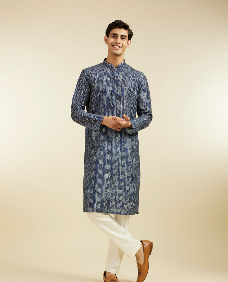 Diwas Men Oxford Blue Chevron Printed Kurta Pajama