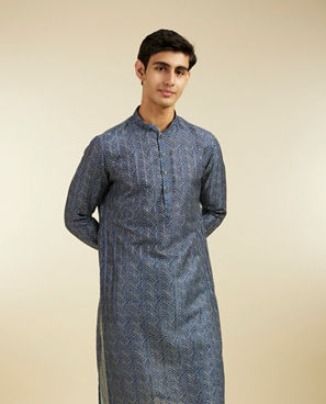 Diwas Men Oxford Blue Chevron Printed Kurta Pajama