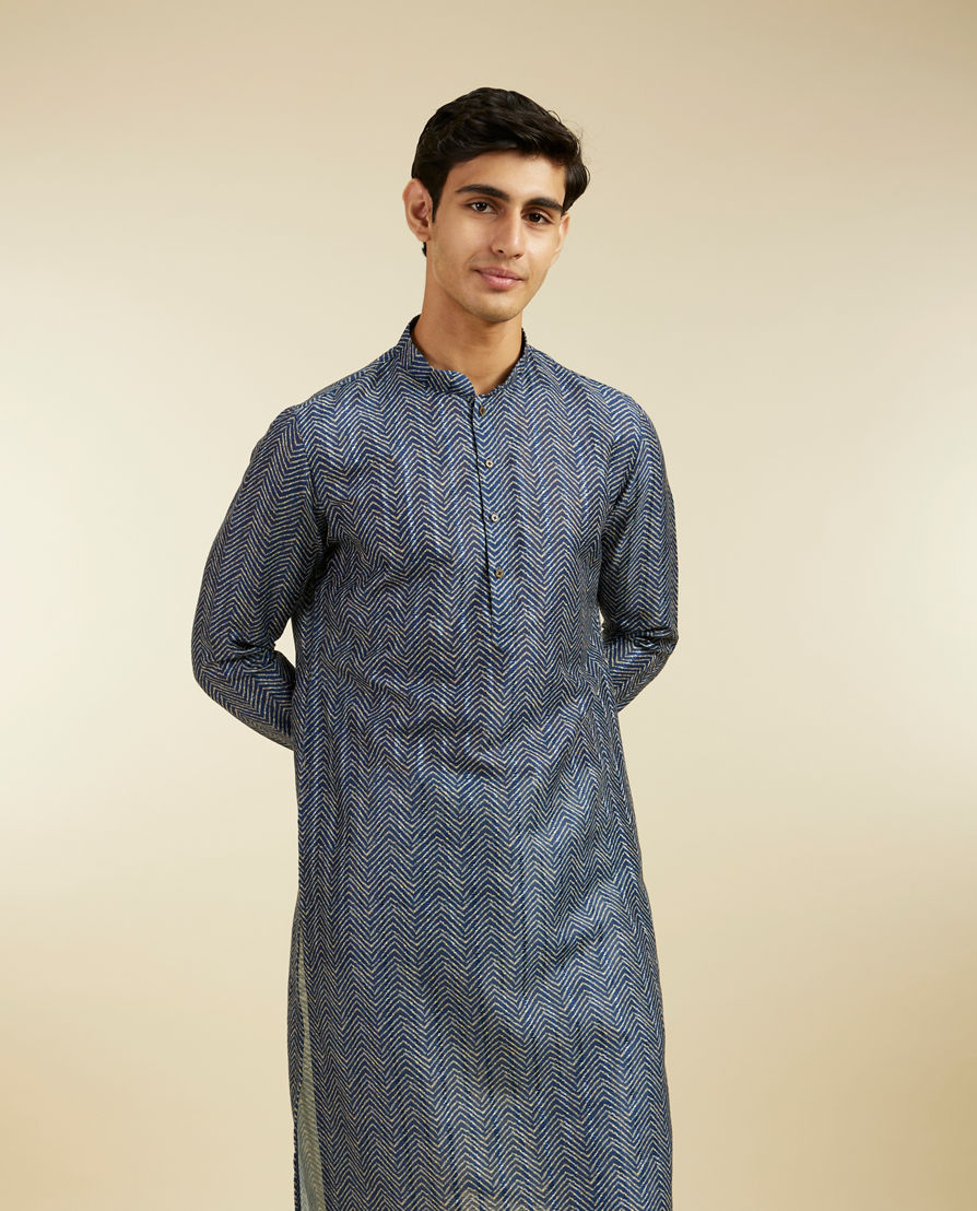 Diwas Men Oxford Blue Chevron Printed Kurta Pajama