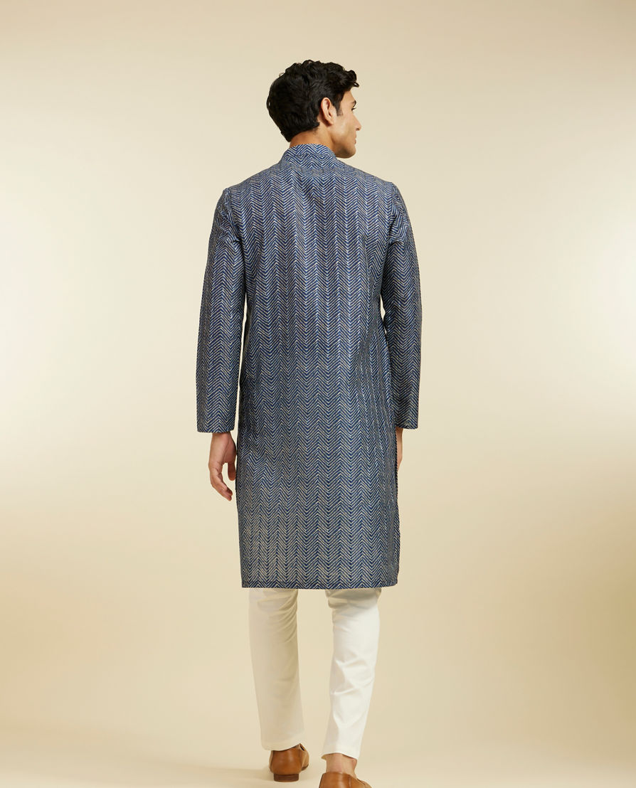 Diwas Men Oxford Blue Chevron Printed Kurta Pajama