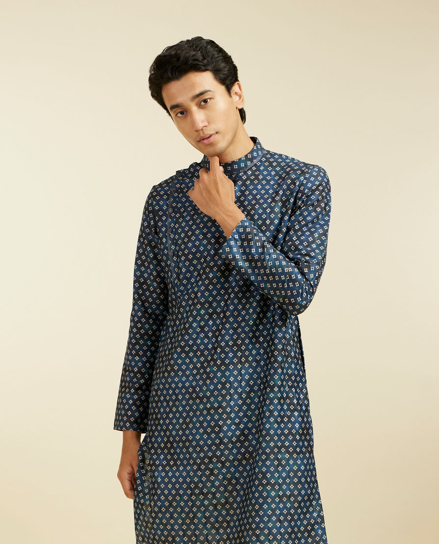 Diwas Men Teal Blue Bandhani Printed Angrakha Style Kurta Pajama