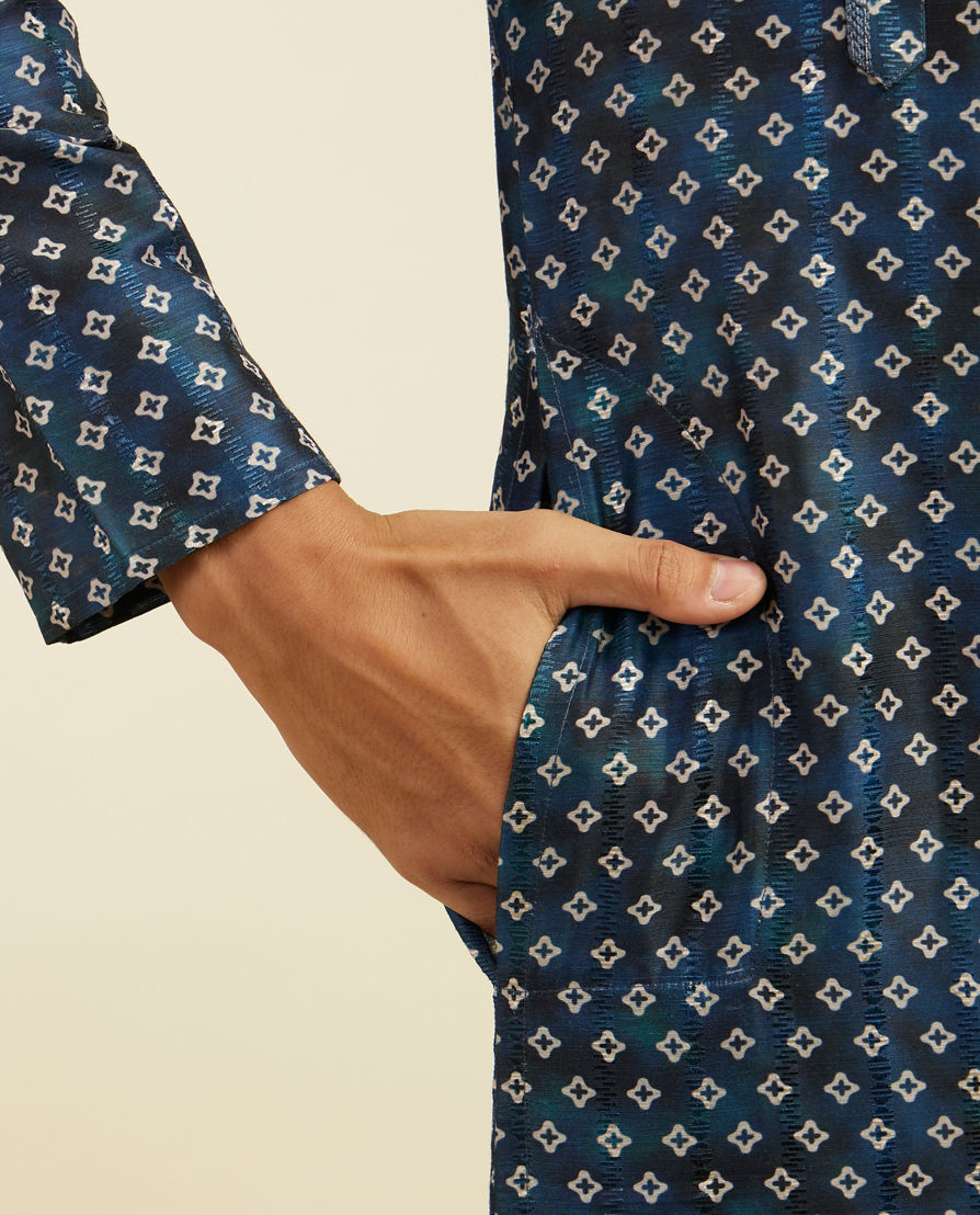 Diwas Men Teal Blue Bandhani Printed Angrakha Style Kurta Pajama