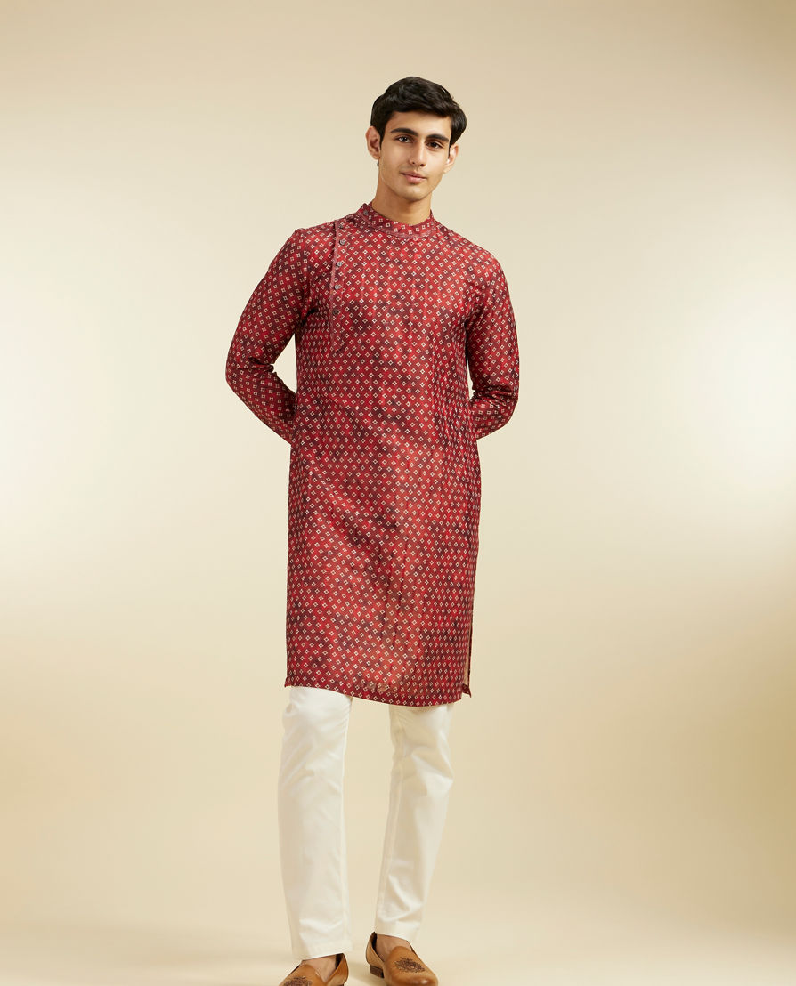 Diwas Men Rust Red Bandhani Printed Angrakha Style Kurta Pajama