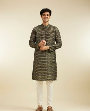 Diwas Men Bottle Green Bandhani Printed Angrakha Style Kurta Pajama