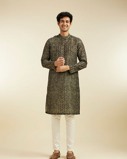 Diwas Men Bottle Green Bandhani Printed Angrakha Style Kurta Pajama