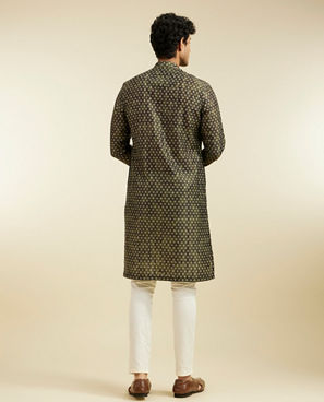 Diwas Men Bottle Green Bandhani Printed Angrakha Style Kurta Pajama