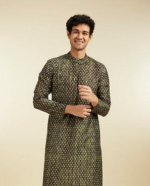 Diwas Men Bottle Green Bandhani Printed Angrakha Style Kurta Pajama