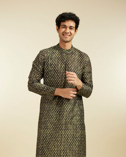Diwas Men Bottle Green Bandhani Printed Angrakha Style Kurta Pajama
