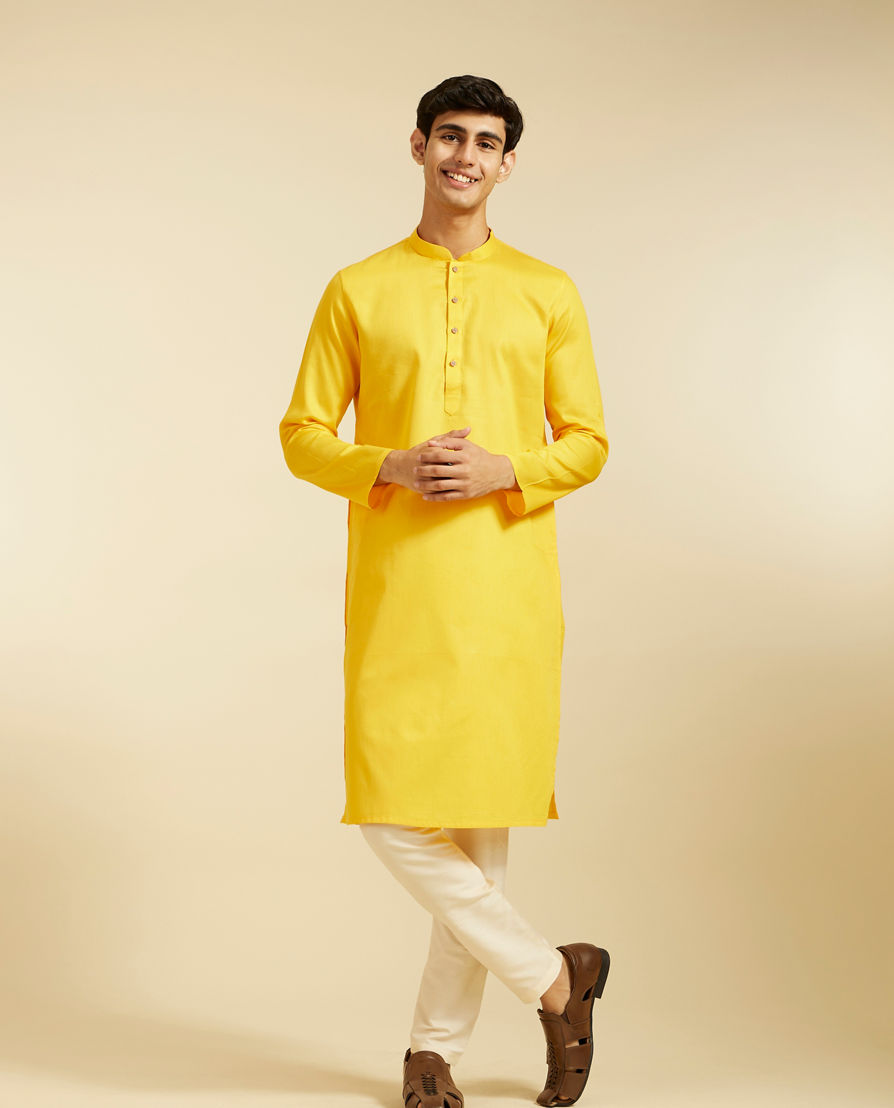 Diwas Men Mustard Yellow Self Textured Kurta Pajama