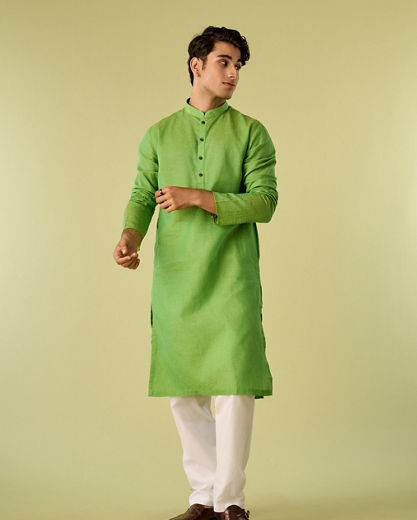 Diwas Men Light Mid Green Cotton Curated Kurta Pajama