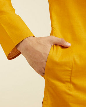 Diwas Men Mustard Yellow Plain Kurta Pajama With Embroidered Collar