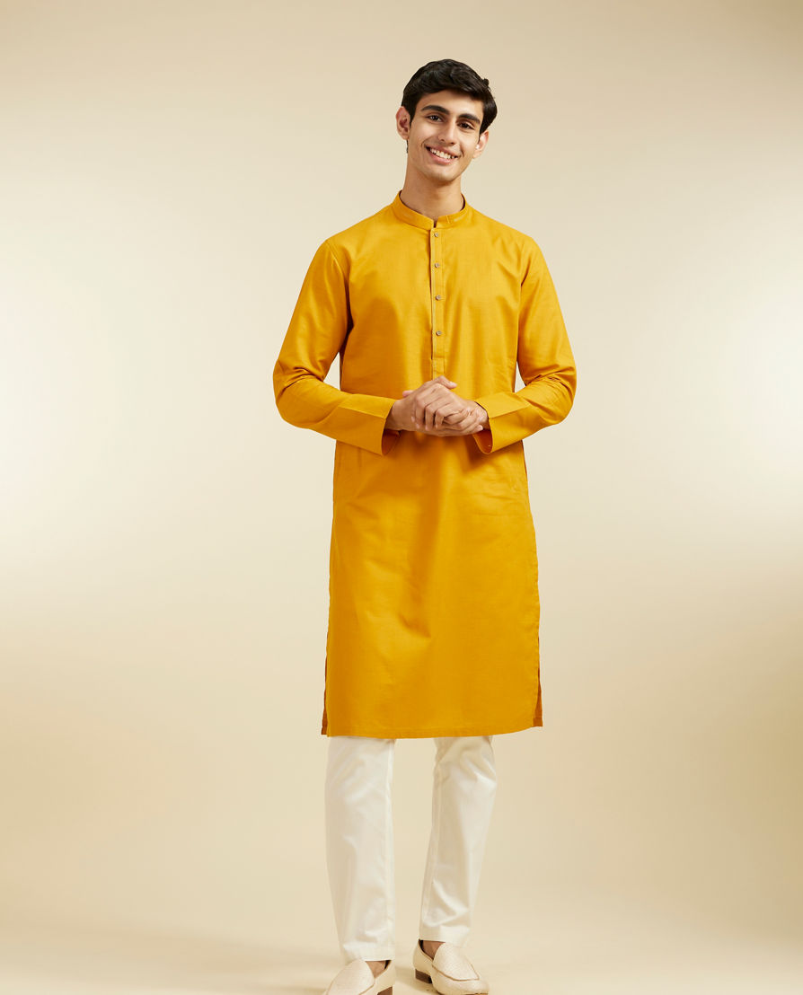Diwas Men Mustard Yellow Plain Kurta Pajama With Embroidered Collar