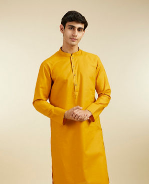 Diwas Men Mustard Yellow Plain Kurta Pajama With Embroidered Collar