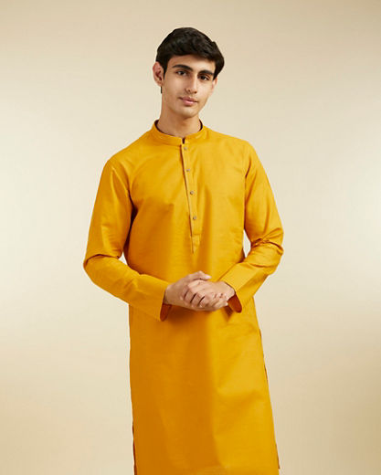 Diwas Men Mustard Yellow Plain Kurta Pajama With Embroidered Collar