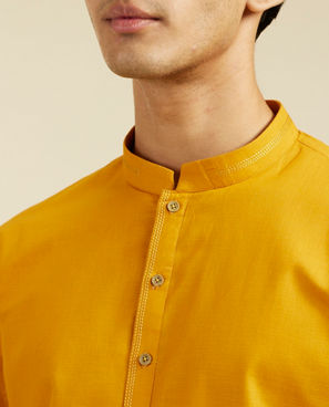 Diwas Men Mustard Yellow Plain Kurta Pajama With Embroidered Collar