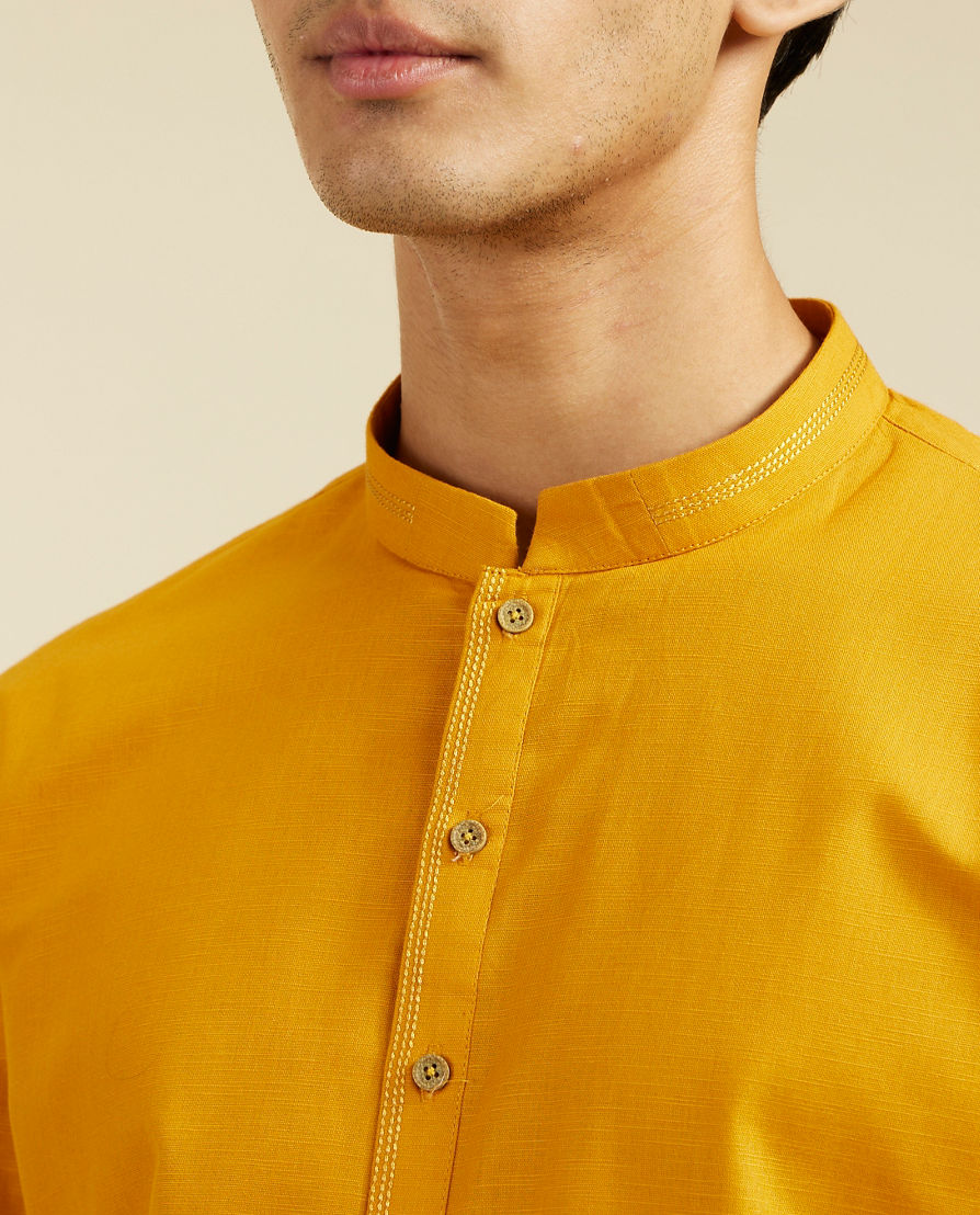 Diwas Men Mustard Yellow Plain Kurta Pajama With Embroidered Collar