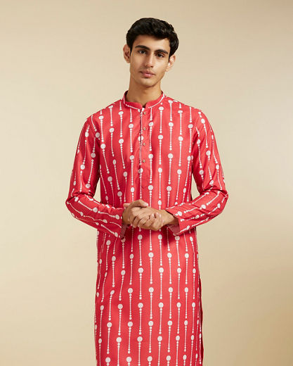 Diwas Men Poppy Red Modish Dotted Printed Kurta Pajama