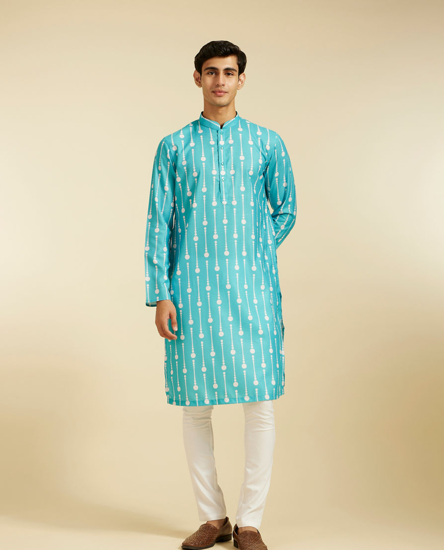 Diwas Men Turquoise Blue Modish Dotted Printed Kurta Pajama