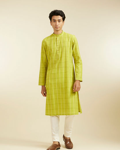 Diwas Men Soft Green Windowpane Checks Patterned Kurta Pajama