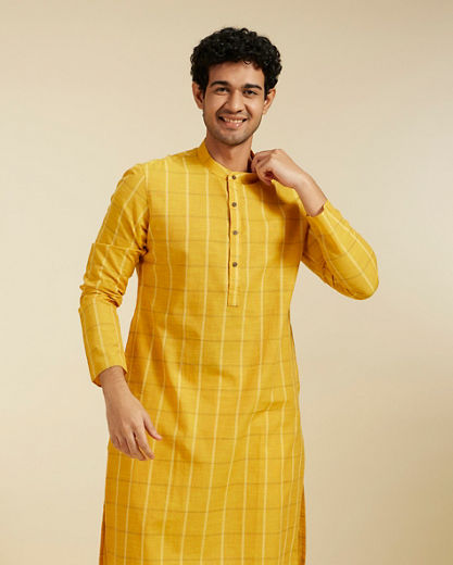 Diwas Men Mustard Yellow Windowpane Checks Patterned Kurta Pajama