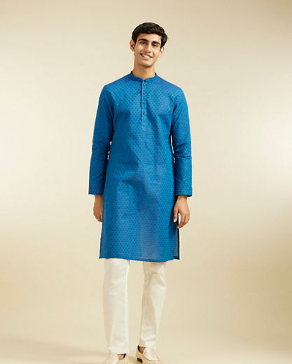Diwas Men Mid Blue Cotton Kurta Pajama