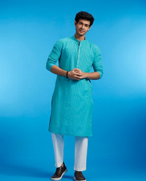 Diwas Men Turquoise Blue Self Striped Kurta Pajama